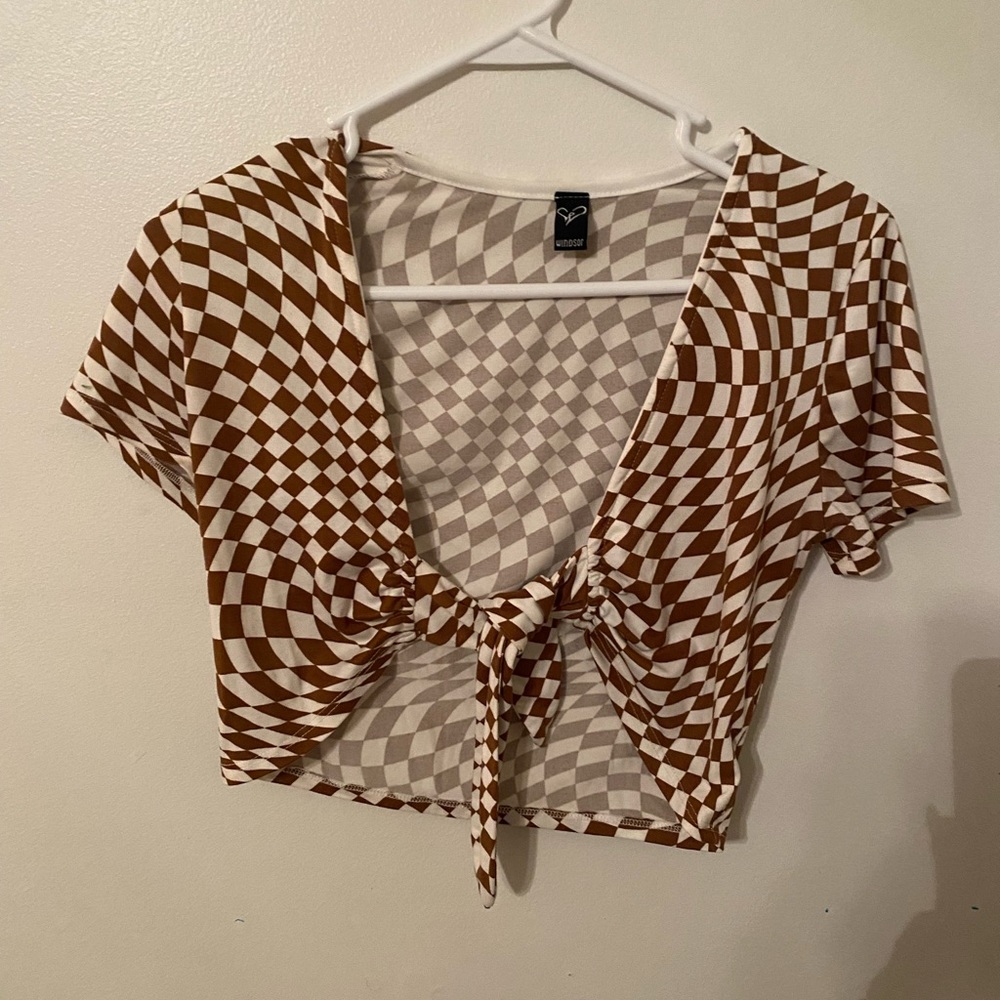COPY - tie around top checkered print brown and white